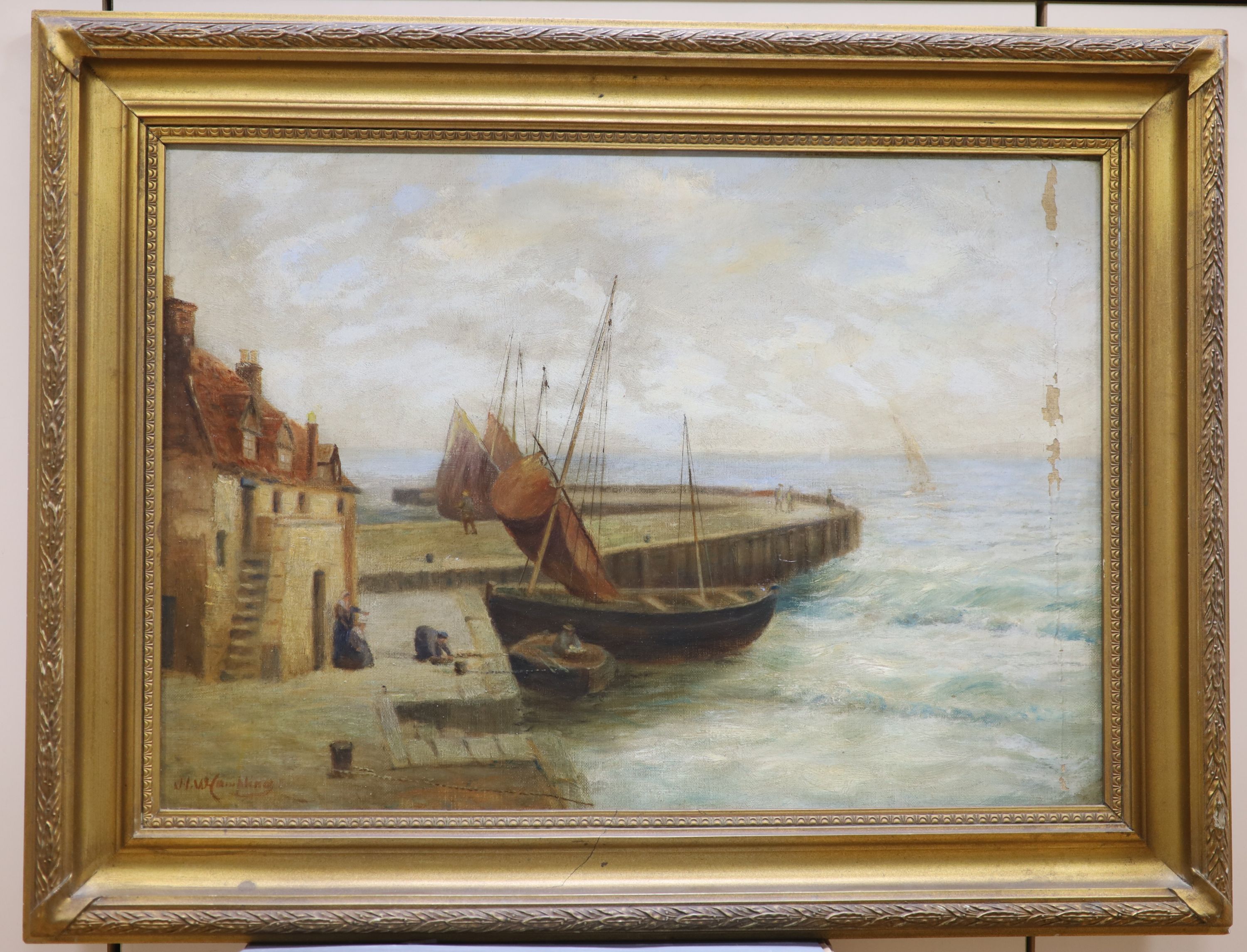 J.H. Hambling, oil on canvas, Fishing boats in harbour, signed, 35 x 49cm and a pair of seascapes by J.E. Botterill, 1915, 14 x 19cm